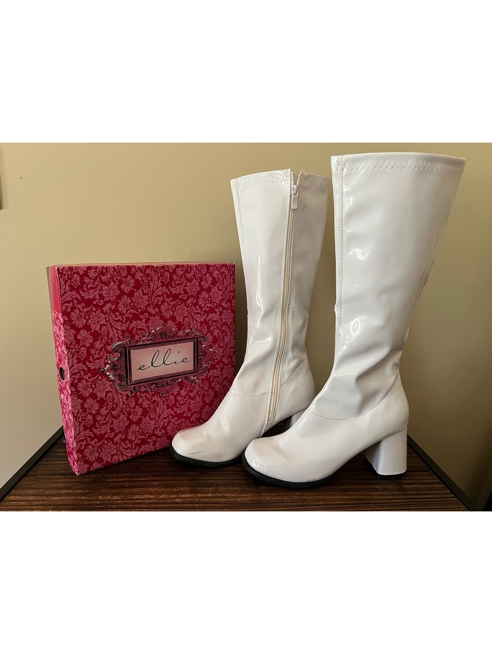 Ellie White Patent Leather Knee-High Go Go Disco Boots Block Heel US Size 7.5
